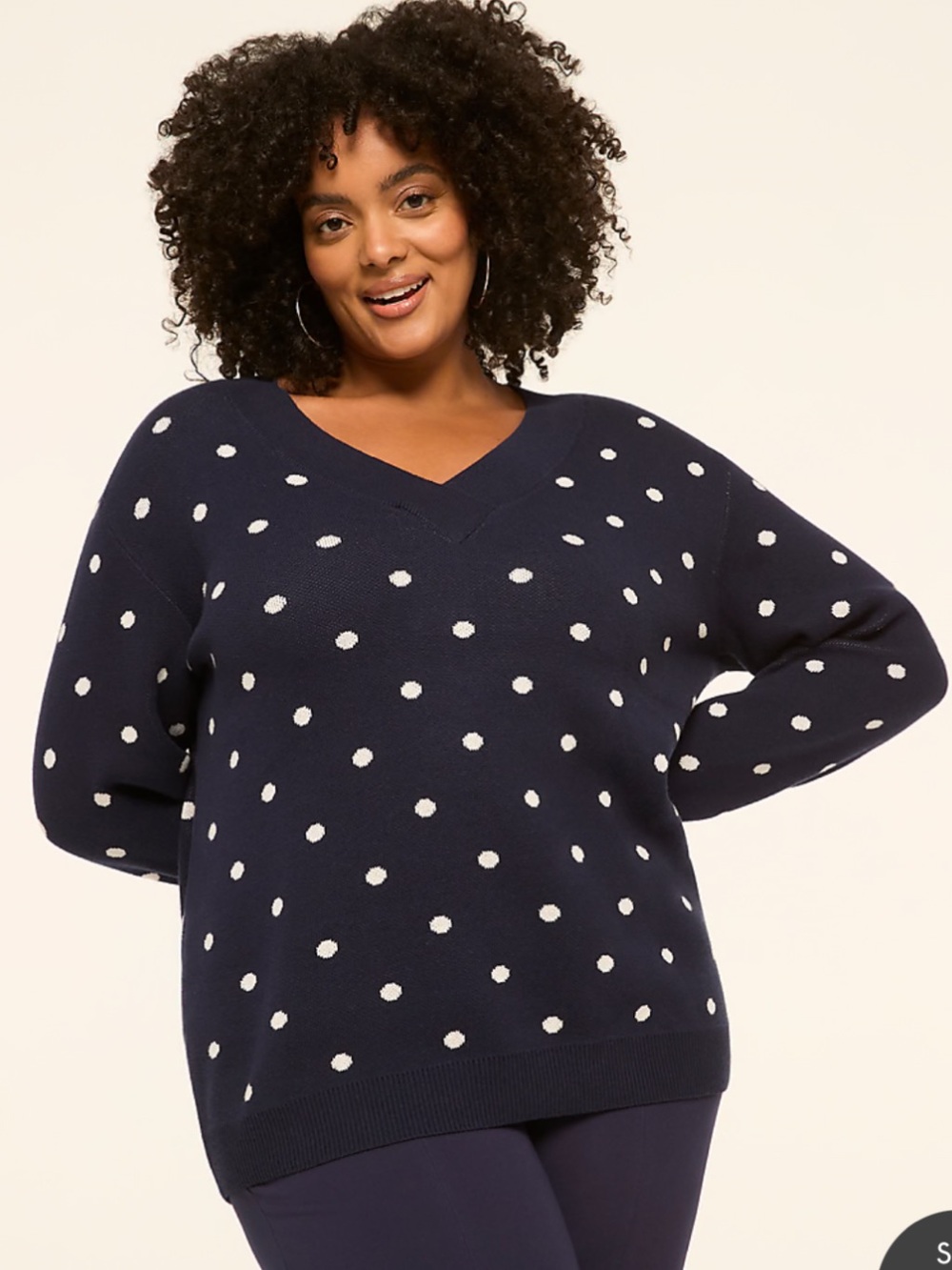 New! Lane Bryant 100% Cotton V-Neck Pullover Navy White Polka Dot Sweater 22/24